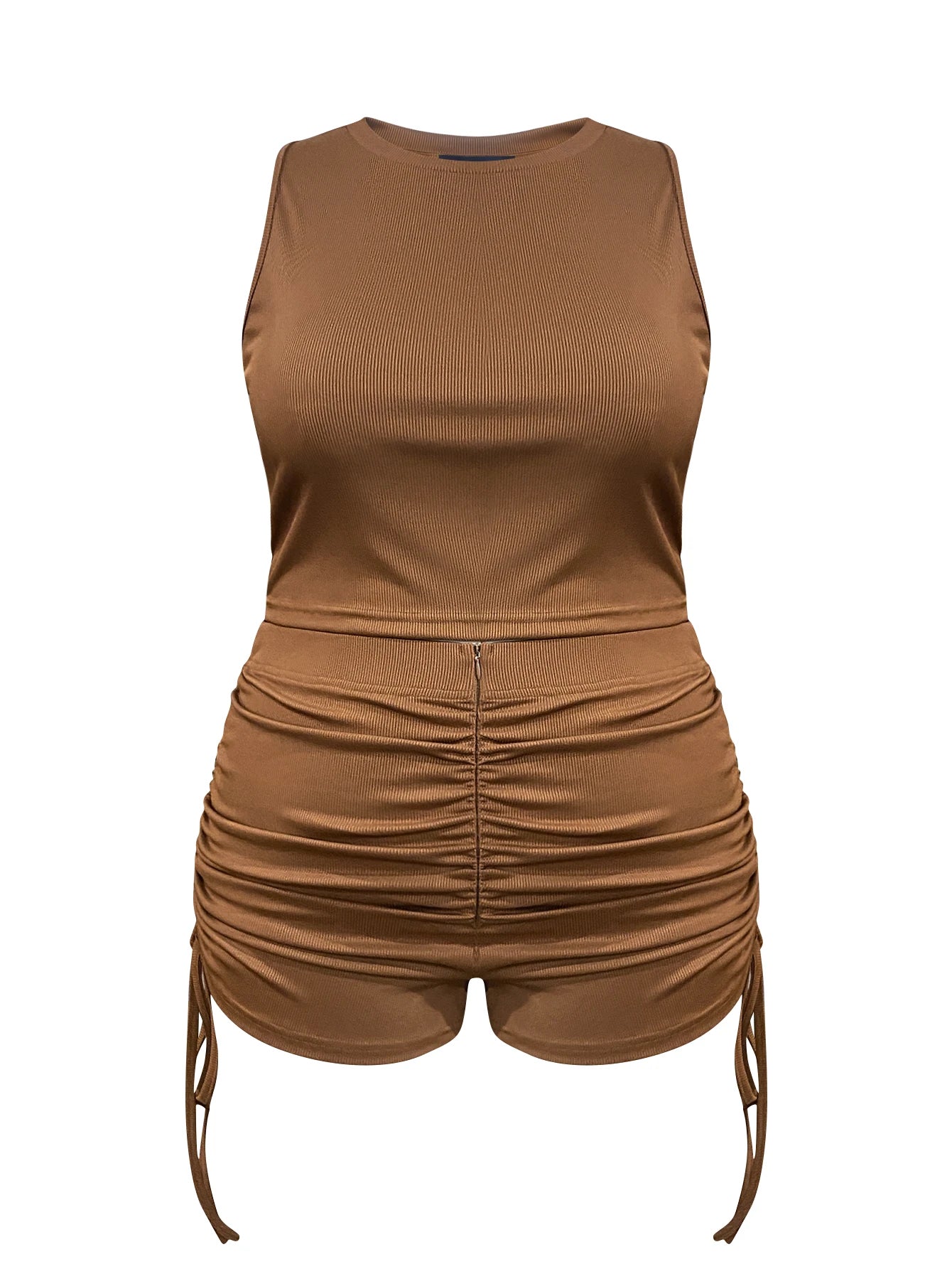 LW Plus Size Rib Knit Ruched Drawstring Shorts Set Summer High Elasticity Women's Set Tank Top and Ruched Shorts Two Piece Set