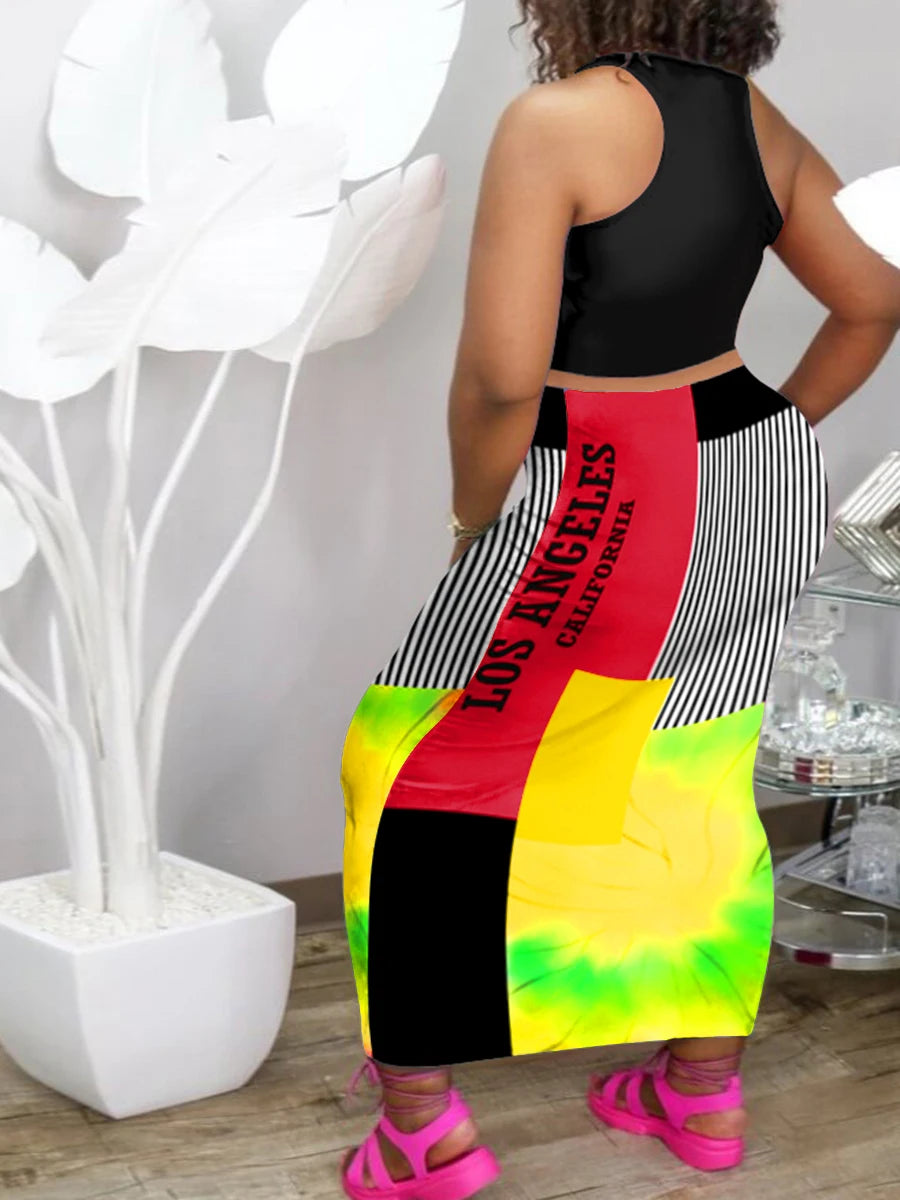 LW Plus Size Casual Outfits Two Piece Set Women's Letter Print Round Neck Crop Tank Top & Slim Fit Maxi Skirt