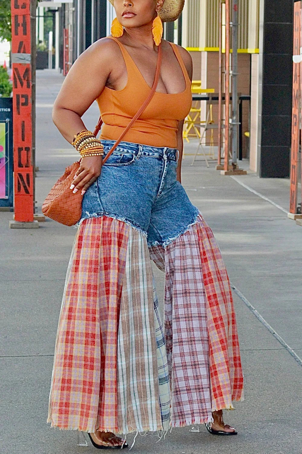 Plus Size Fashion Party Blue Tartan Contrast Patchwork Denim Wide Leg Jeans Women 2024
