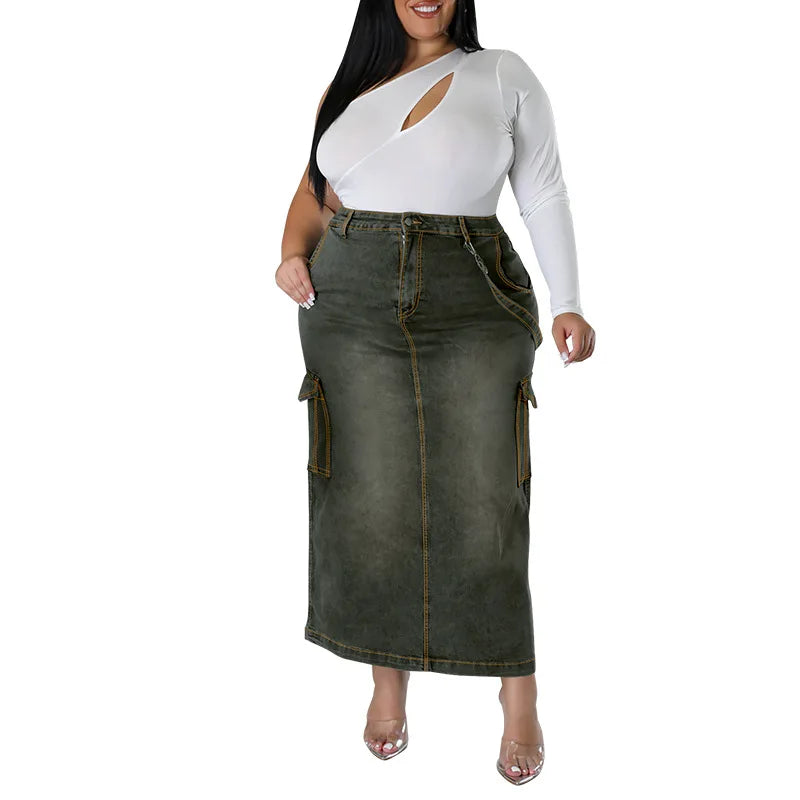 Plus Size Casual Denim Long Skirt Spring Summer High Waist Jean Maxi Skirts with Pockets Oversized Bottoms XL-5XL Jeans Clothes