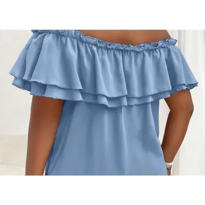 Women's Summer New Plus Size 1XL-5XL Ladies Casual Temperament Solid Color Fashion Short Sleeve Shirt One Shoulder Bow Top