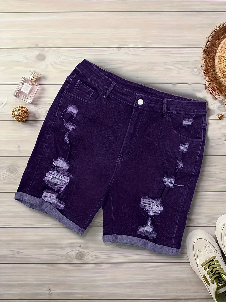 Women Curled Holes Denim Shorts Spring Summer Fashion Comfort Casual Solid Skinny Pencil Short Plus Size Mid Waist Stretchy Jean