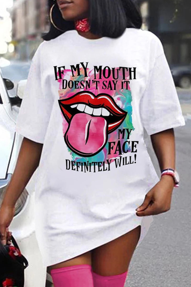 Plus Size Women's Fashion Dresses Outdoor Halter Home Stretchy Nightgowns Sexy Colourful Lips Printed Women's Street Knee Skirt