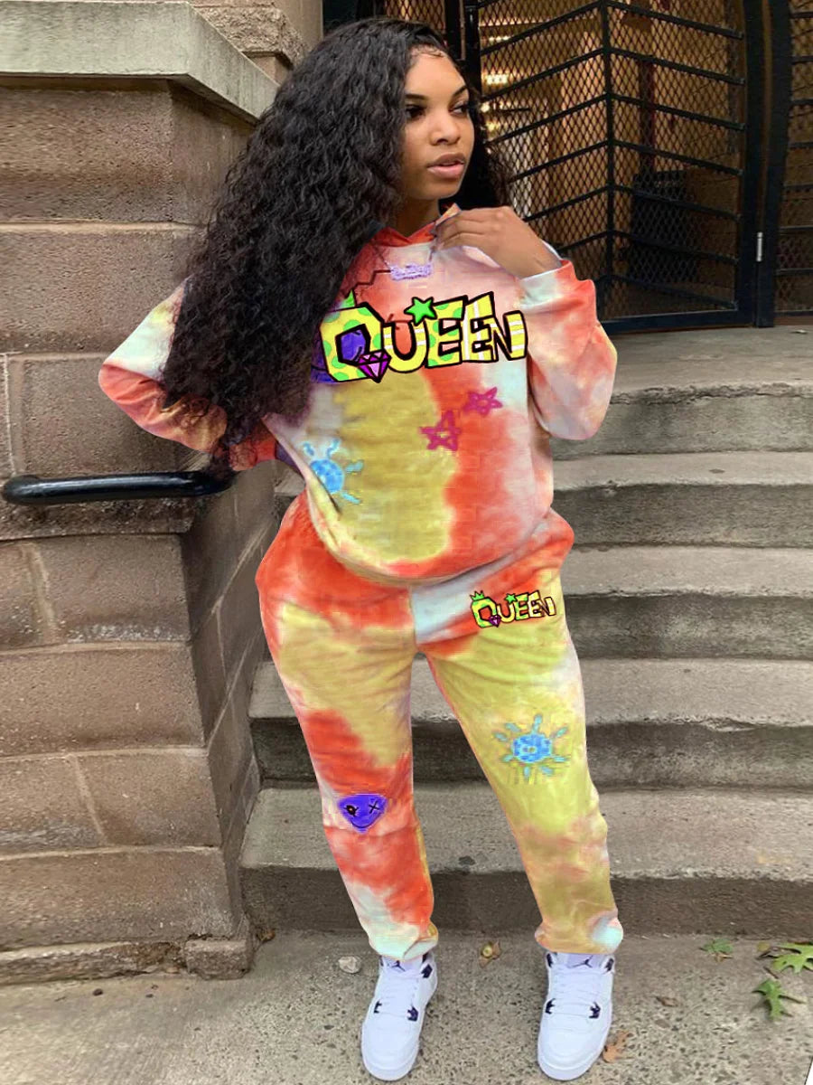 3XL LW Plus Size Autumn&Winter Long Sleeve Queen Star Letter Print Tie Dye Hooded Collar Loose Tracksuit Daily Set