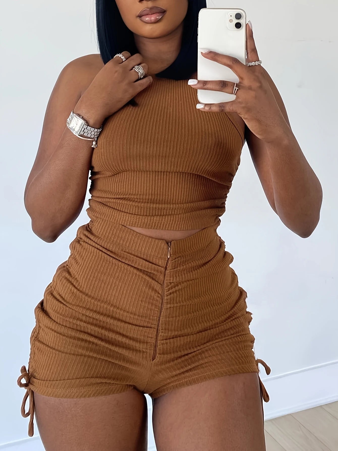 LW Plus Size Rib Knit Ruched Drawstring Shorts Set Summer High Elasticity Women's Set Tank Top and Ruched Shorts Two Piece Set