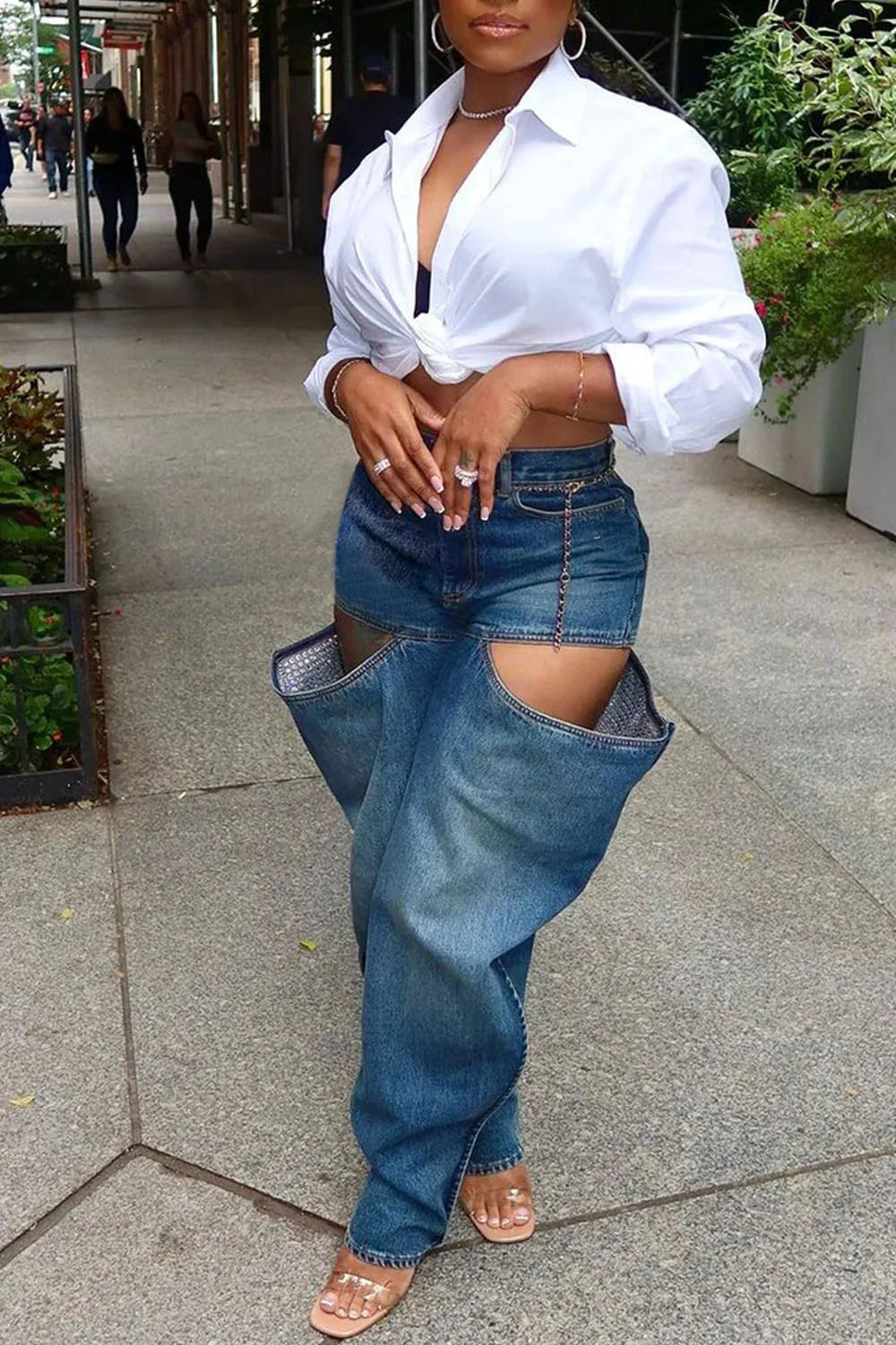 Women Plus Size Jeans Hollow Out Zipper Cargo Denim Pants High Street Autumn Fashion Loose Harajuku Casual Denim Trousers 2024