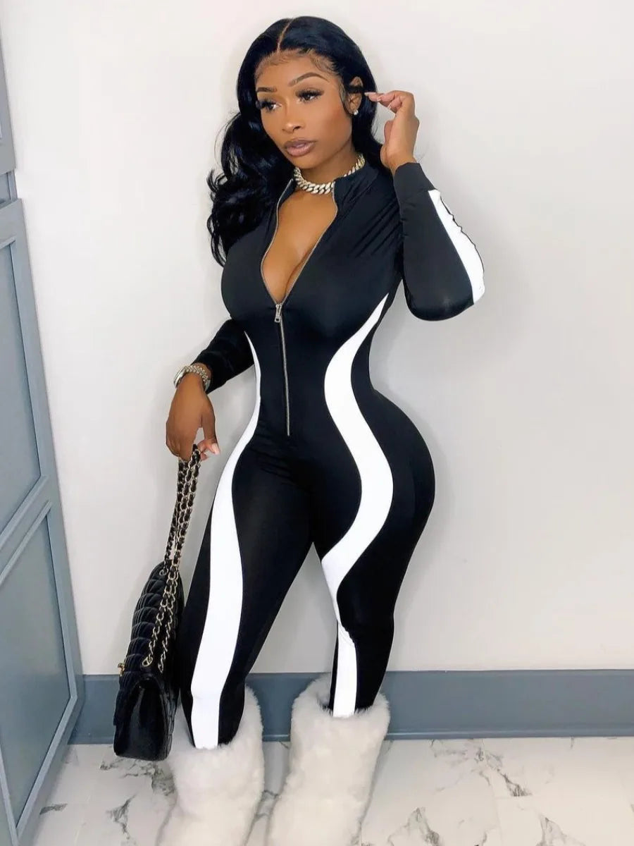 LW Basic Plus Size Striped Zipper Design Jumpsuit Women‘s Clothing Fall Casual Patchwork V Neck Long Sleeve One Pieces Outfit