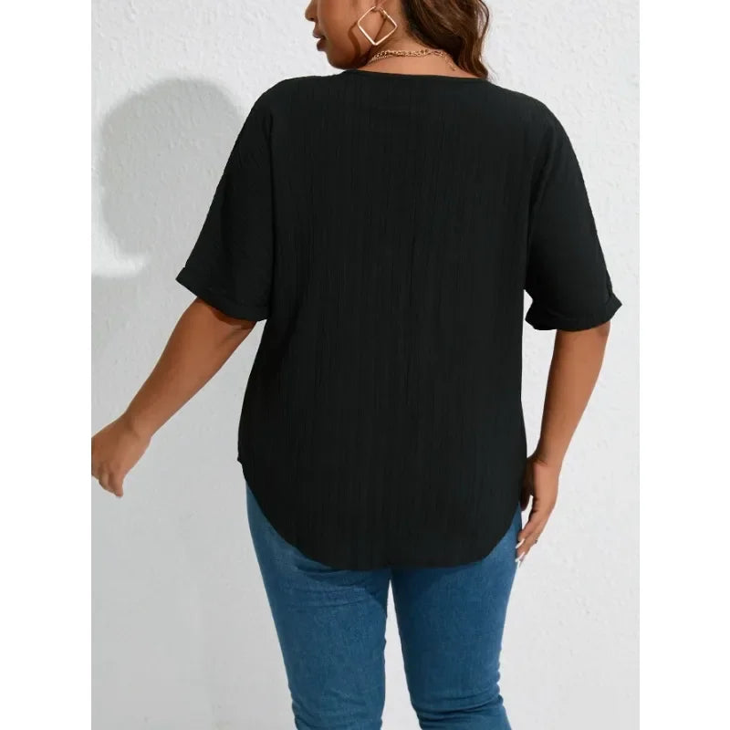 Plus Size 1XL-8XL Summer Women's Simple Solid Color T-shirt Tops Ladies Fashionable V-neck Short Sleeved Zippered T-shirt