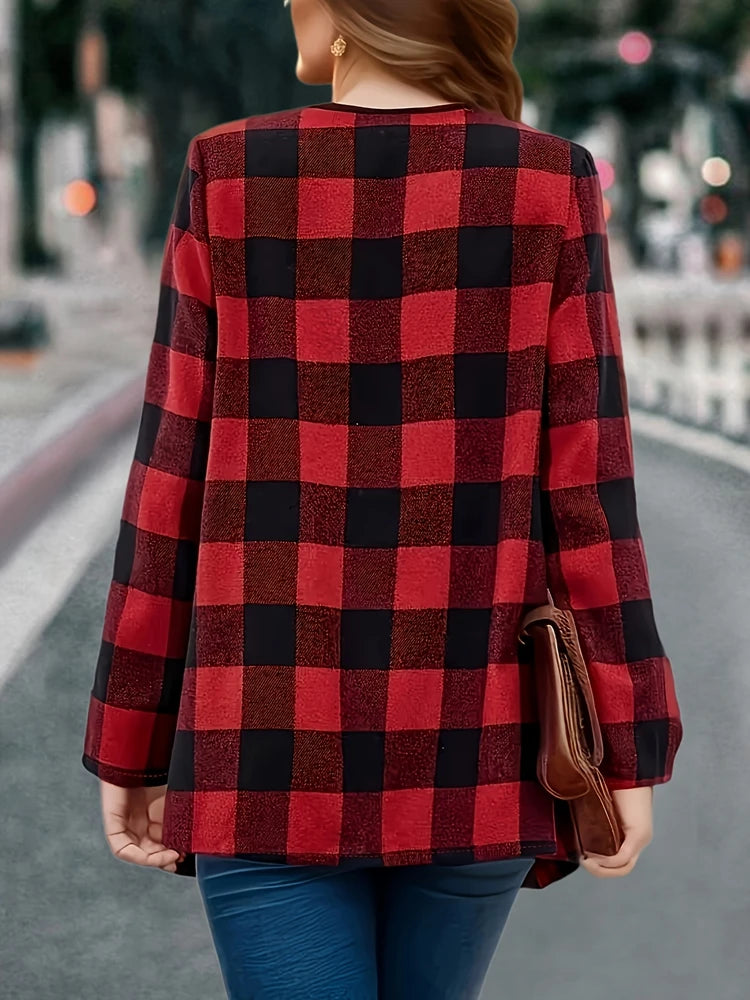 Latest Women's Plus Size Plaid Printed Open Front Coat Women's Fashionable Plus Size Plaid Cardigan