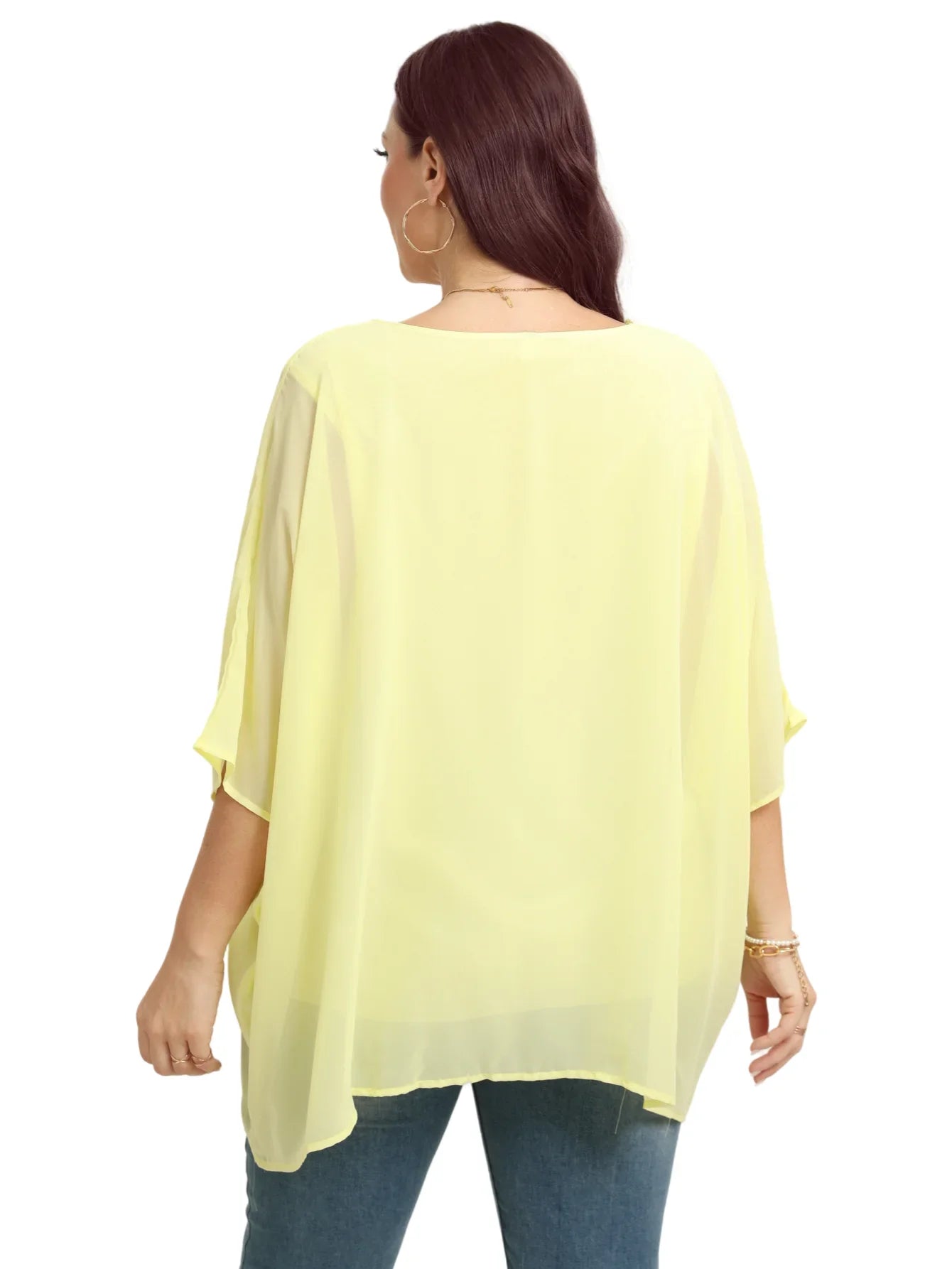 Womens Plus Size Elegant Summer Blouse Batwing Sleeve Oversized Chiffon Blouse Scoop Neck Large Size Casual Tunic Top Shirt 2XL