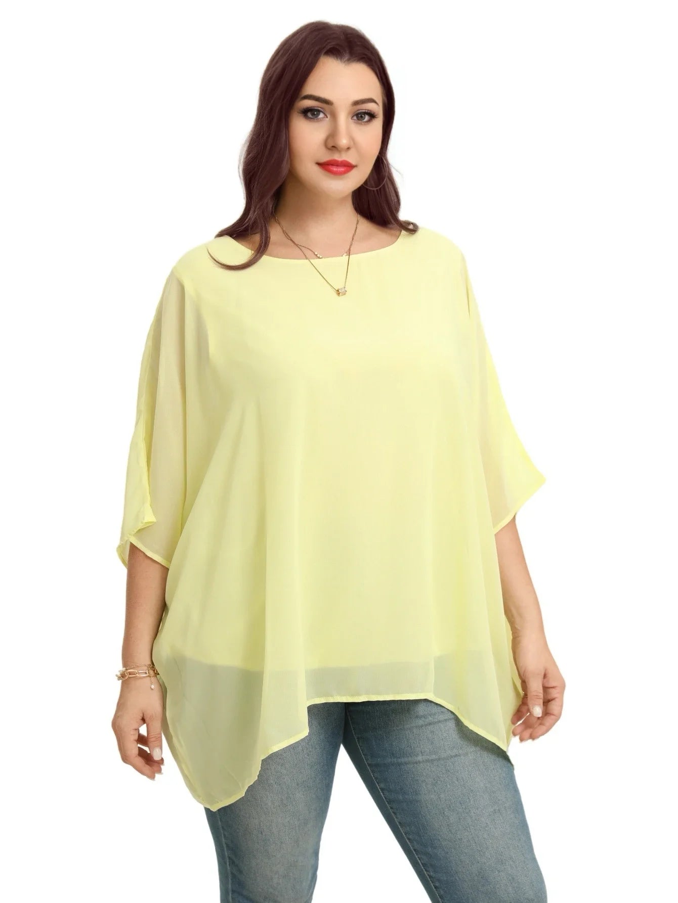 Womens Plus Size Elegant Summer Blouse Batwing Sleeve Oversized Chiffon Blouse Scoop Neck Large Size Casual Tunic Top Shirt 2XL