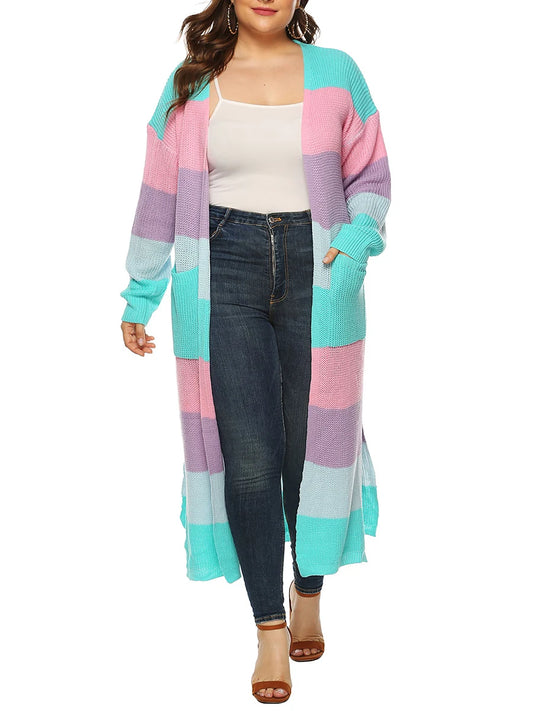 Women's Open Front Long Cardigan Sweater with Pockets Long Sleeve Contrast Color Fall Casual Jacket Coat for Women