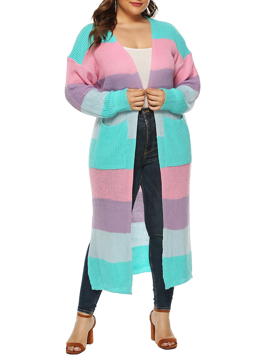 Women's Open Front Long Cardigan Sweater with Pockets Long Sleeve Contrast Color Fall Casual Jacket Coat for Women