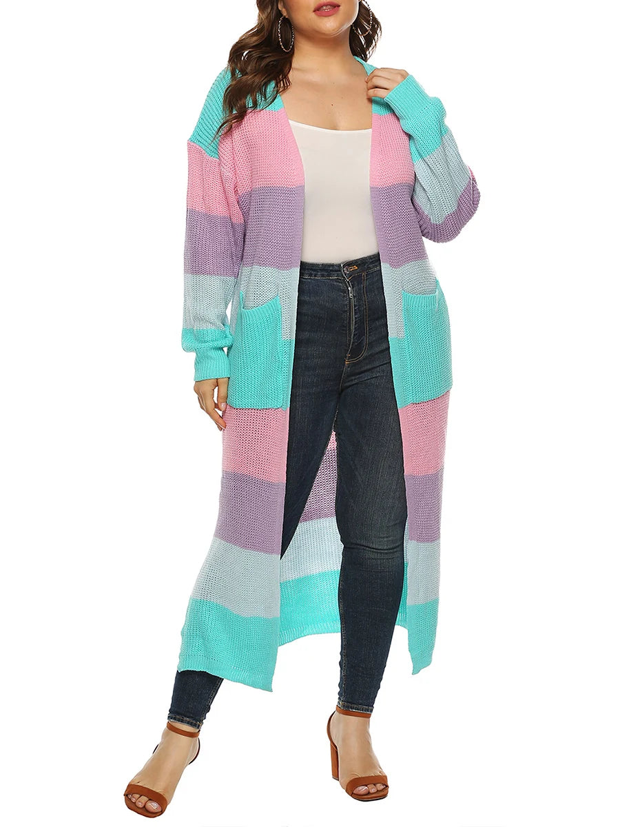 Women's Open Front Long Cardigan Sweater with Pockets Long Sleeve Contrast Color Fall Casual Jacket Coat for Women
