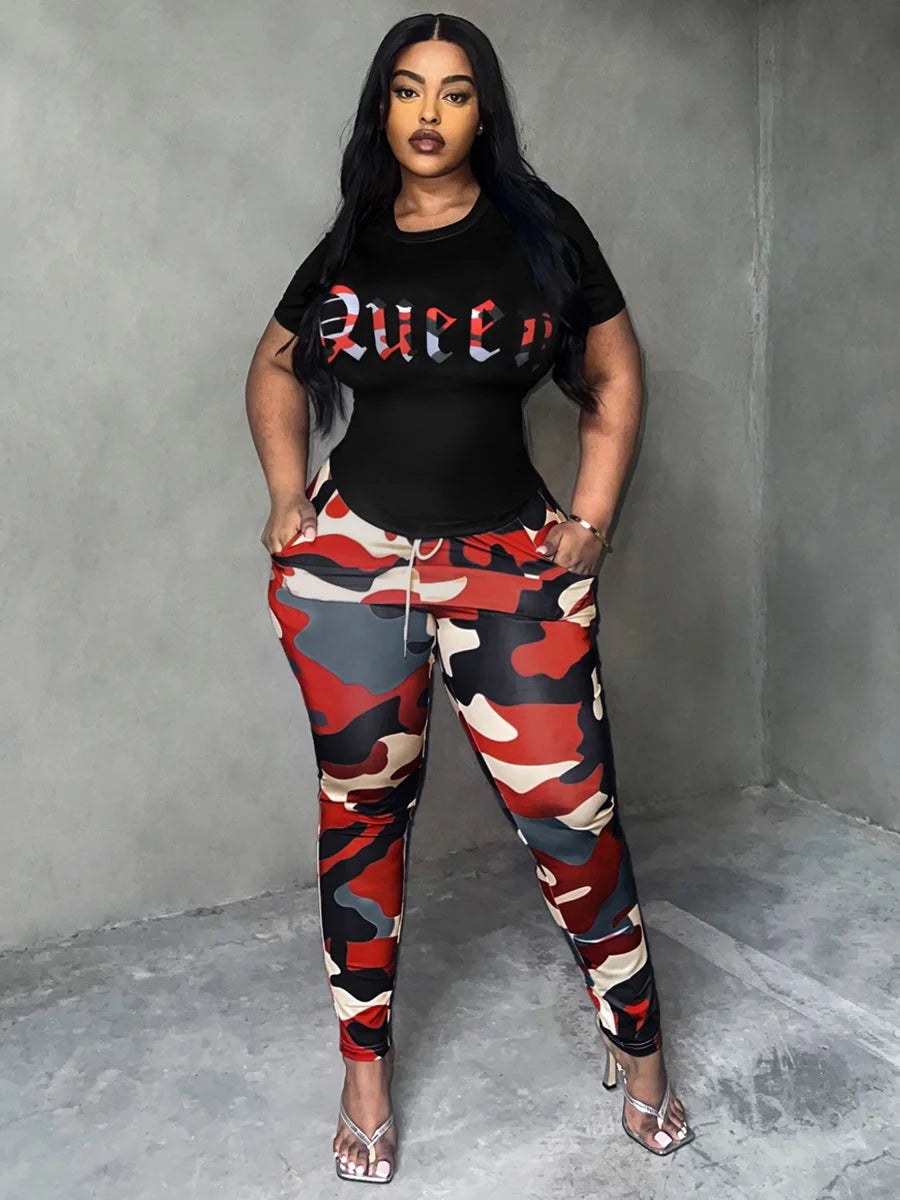 LW Plus Size 2Pcs pants set Camo Queen Letter Print Pants Set Women Casual Tracksuit Basic Slim Tee Shirt Skinny Flared Trousers