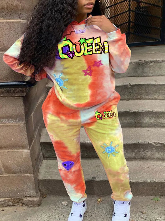 3XL LW Plus Size Autumn&Winter Long Sleeve Queen Star Letter Print Tie Dye Hooded Collar Loose Tracksuit Daily Set