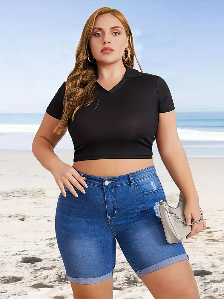 Stylish Curled Holes Denim Shorts Women Hot Pants Classic Solid Skinny Pencil Short Comfort Plus Size Mid Waist Stretchy Jeans
