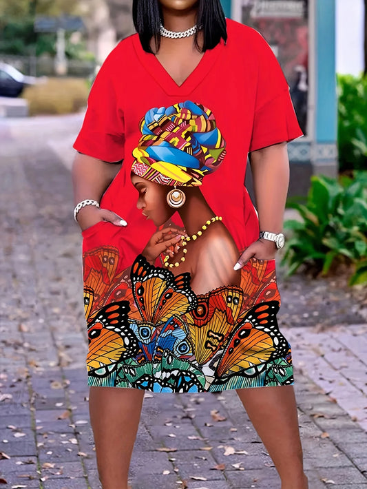 Plus Size Butterfly Print Dress Casual Short Sleeve V Neck Dress With Pockets Women's Plus Size Clothing