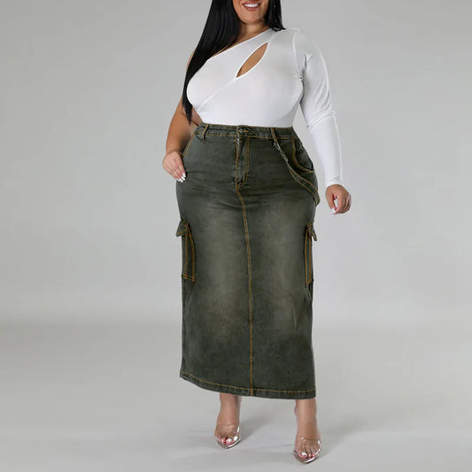 Plus Size Casual Denim Long Skirt Spring Summer High Waist Jean Maxi Skirts with Pockets Oversized Bottoms XL-5XL Jeans Clothes