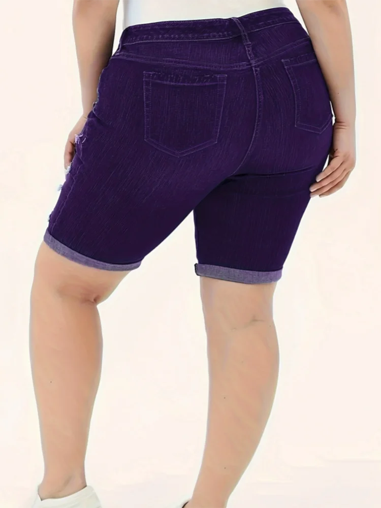 Women Curled Holes Denim Shorts Spring Summer Fashion Comfort Casual Solid Skinny Pencil Short Plus Size Mid Waist Stretchy Jean