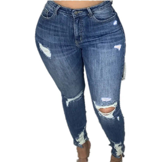 Women's Plus Size Jeans Ripped High Waisted Pencil Skinny Fit Blue Denim Pants Columbia Stretchy Jean Distressed