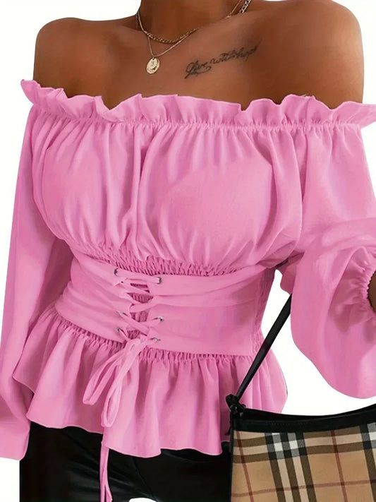 Summer Plus Size 1XL-5XL Women's Outfits Versatile Long Sleeve Solid Color Blouse Fashion Off Shoulder Lace Up Corset Shirt