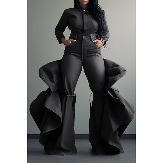 Plus Size Work Jeans Blue Denim High Waist Side Ruffles Flare Leg Jeans