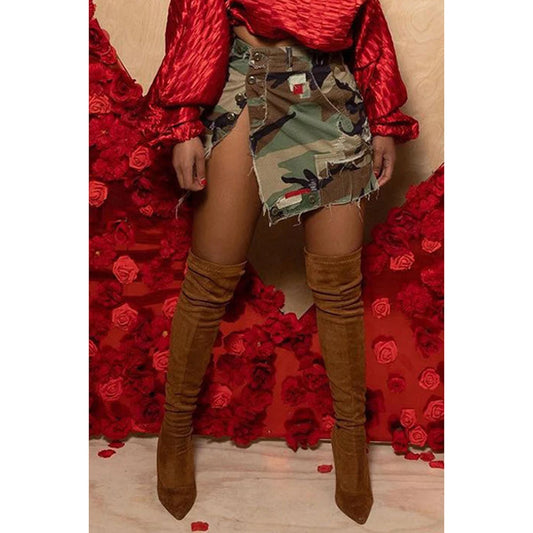 Plus Size Camo Daily Camoflage Slit Button Skirts