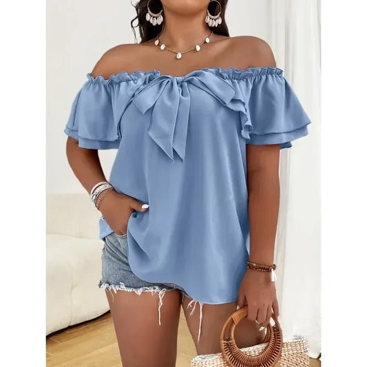 Women's Summer New Plus Size 1XL-5XL Ladies Casual Temperament Solid Color Fashion Short Sleeve Shirt One Shoulder Bow Top