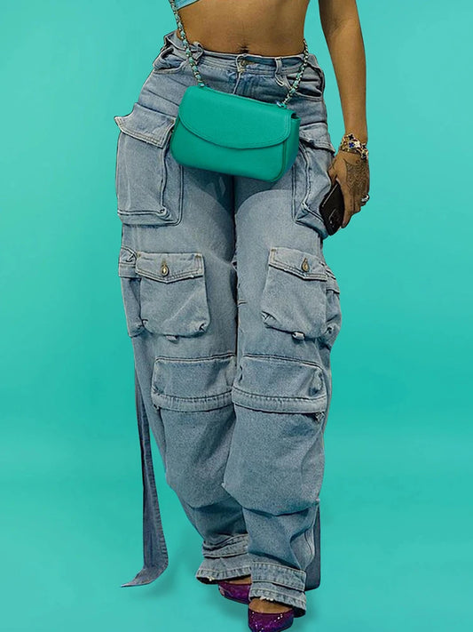 Plus Size Daily Light Blue Spring Summer Pocket Cargo Denim Jeans High Street Harajuku High Waist Casual Loose Denim Trousers