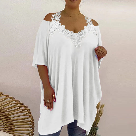 Plus Size Women's Lace V-Neck Tunic Tops Summer Cold Shoulder Casual Loose Shirt Oversized Ladies Fashion Clothes Clothing