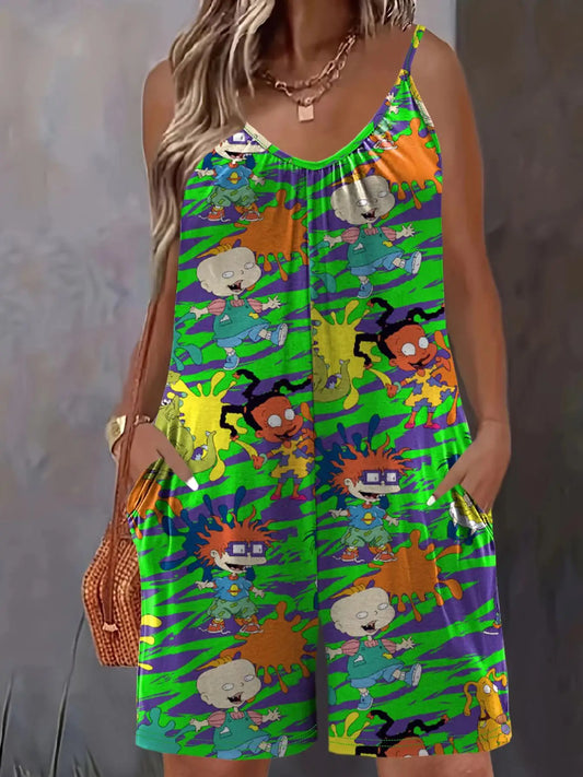 Plus Size Cartoon Print Slip Romper, Casual Ruched Crew Neck Sleeveless Pockets Romper, Women's Plus Size Clothing
