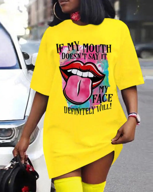 Plus Size Women's Fashion Dresses Outdoor Halter Home Stretchy Nightgowns Sexy Colourful Lips Printed Women's Street Knee Skirt