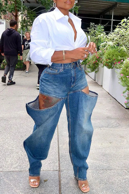 Women Plus Size Jeans Hollow Out Zipper Cargo Denim Pants High Street Autumn Fashion Loose Harajuku Casual Denim Trousers 2024