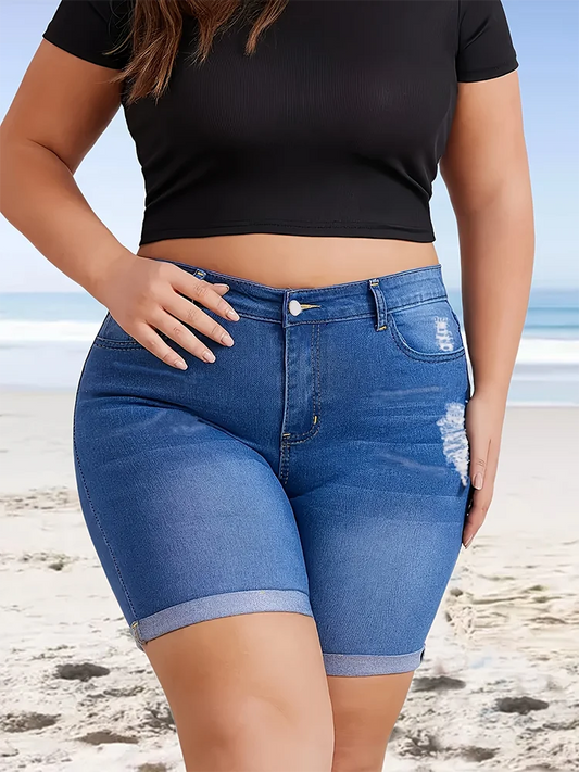 Stylish Curled Holes Denim Shorts Women Hot Pants Classic Solid Skinny Pencil Short Comfort Plus Size Mid Waist Stretchy Jeans