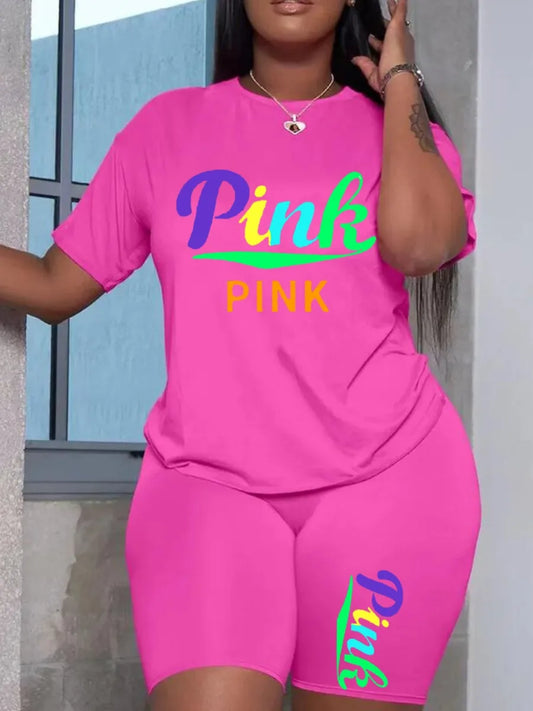 L-5XL LW Plus Size Pink Letter Print Shorts Set Summer Round Neck Skinny 2pcs Women Casual Two Pieces Shorts Set Daily Outfit